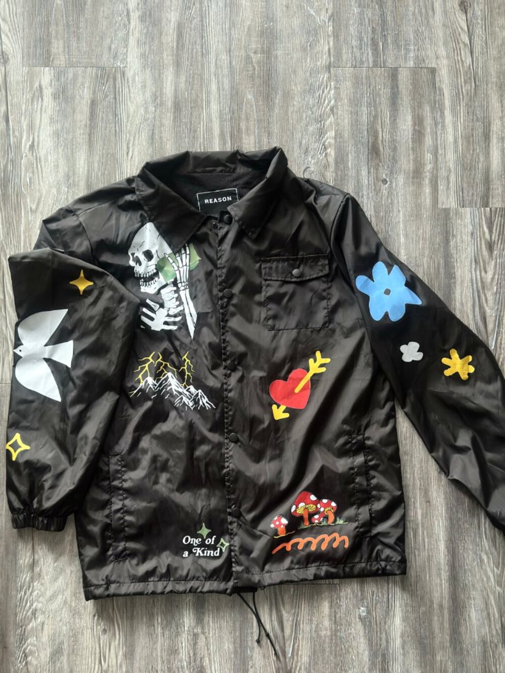 Reason Black Graphic Coach Jacket Medium Streetwear Skeleton Jacket
